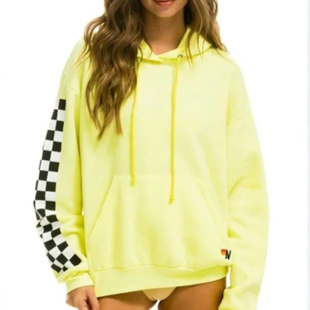 Aviator Nation Yellow Hoodie with Black Checkered Sleeve